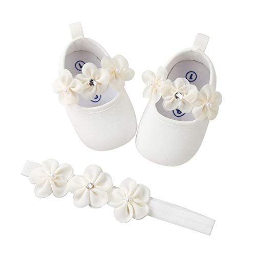 Zapatos de Niña con Diadema Regalo Set Bautizo Lovely Algodón Flor Suave Suela Zapatillas Antideslizantes Zapatos de Princesa (0-6 Meses, Blanco, Tamaño de Etiqueta 11)