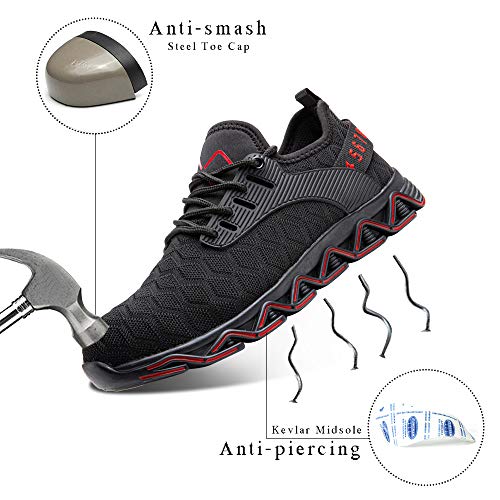 Zapatos de Seguridad Hombre Trabajo Zapatillas de Seguridad Mujer Punta de Acero Ligeros Comodos Botas Industrial Sneakers Construcción Rojo-1 41 EU