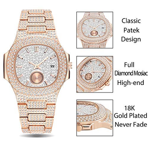 ZCFDQI Mirar Reloj Único Marca Hombre Moda para Hombre Moda Reloj De Oro Rosa Reloj De Cuarzo Cronógrafo Diamante Acero Reloj De Hielo   V293R-2