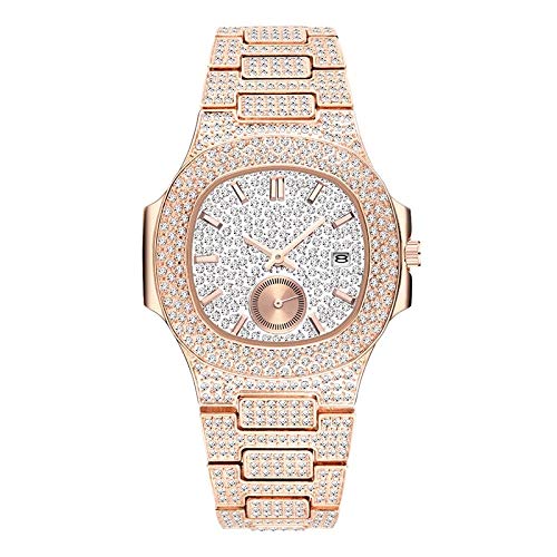 ZCFDQI Mirar Reloj Único Marca Hombre Moda para Hombre Moda Reloj De Oro Rosa Reloj De Cuarzo Cronógrafo Diamante Acero Reloj De Hielo   V293R-2