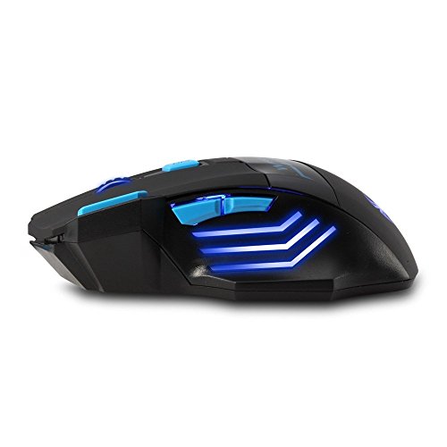 Zelotes Ratón inalámbrico profesional de 2,4 GHz, 7 botones 2400 dpi LED azul ratón óptico para juegos ratón para portátil, PC, Mac, ordenador portátil (negro)