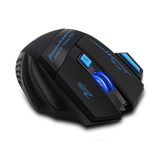 Zelotes Ratón inalámbrico profesional de 2,4 GHz, 7 botones 2400 dpi LED azul ratón óptico para juegos ratón para portátil, PC, Mac, ordenador portátil (negro)