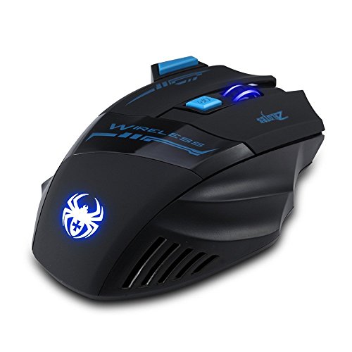 Zelotes Ratón inalámbrico profesional de 2,4 GHz, 7 botones 2400 dpi LED azul ratón óptico para juegos ratón para portátil, PC, Mac, ordenador portátil (negro)