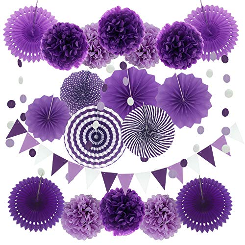 Zerodeco Decoración de la Fiesta, 21 Piezas Abanicos de Papel Bola de Nido Pom Poms Ventilador Cumpleaños Boda Carnaval Bebé Ducha Home Party Supplies Decoración (Morado)