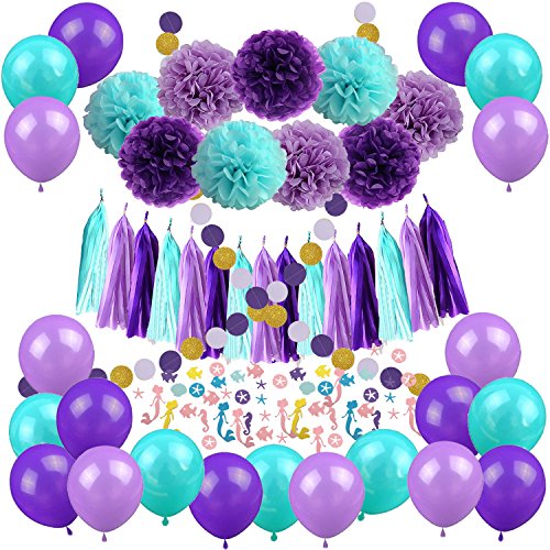 Zerodeko Decoraciones de Fiesta de Sirena, Feliz cumpleaños con Papel de Seda Pom Poms, Globos de látex, Confeti de Sirena, Sombreros de Fiesta de Sirena de Brillo y Primeros de la Magdalena