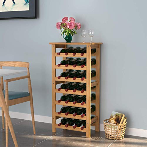 Zfggd Wine Rack 28 Estante de la Botella de Vino Titular de Nivel 7 Vino de Almacenamiento con estanterías de bambú 47 × 29 × 94cm