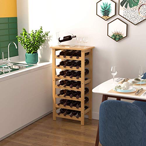 Zfggd Wine Rack 28 Estante de la Botella de Vino Titular de Nivel 7 Vino de Almacenamiento con estanterías de bambú 47 × 29 × 94cm