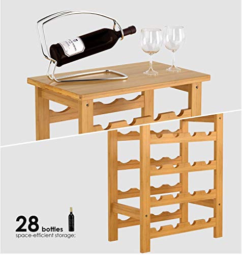 Zfggd Wine Rack 28 Estante de la Botella de Vino Titular de Nivel 7 Vino de Almacenamiento con estanterías de bambú 47 × 29 × 94cm