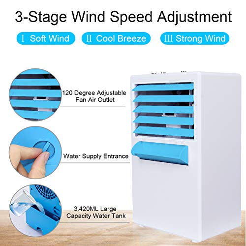 Zhina Mini Aire Acondicionado Portátil, Aire Acondicionado con Ventilador y humidificador y Purificador,Aire Enfriador Evaporativo de 3 velocidades,silencioso y Discreto