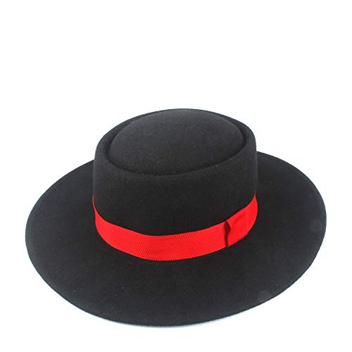 ZHOUYUFAN Moda Mujer Otoño Invierno Hombre Elegante 100% Lana Flat Top Pork Pie Hat Plano Palla Sombrero de Fiesta Raso Negro Negro 56-58