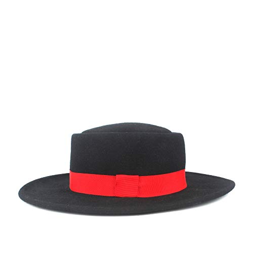 ZHOUYUFAN Moda Mujer Otoño Invierno Hombre Elegante 100% Lana Flat Top Pork Pie Hat Plano Palla Sombrero de Fiesta Raso Negro Negro 56-58