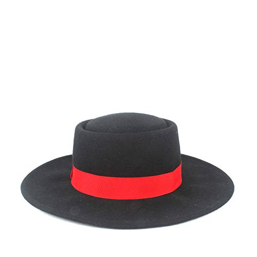 ZHOUYUFAN Moda Mujer Otoño Invierno Hombre Elegante 100% Lana Flat Top Pork Pie Hat Plano Palla Sombrero de Fiesta Raso Negro Negro 56-58