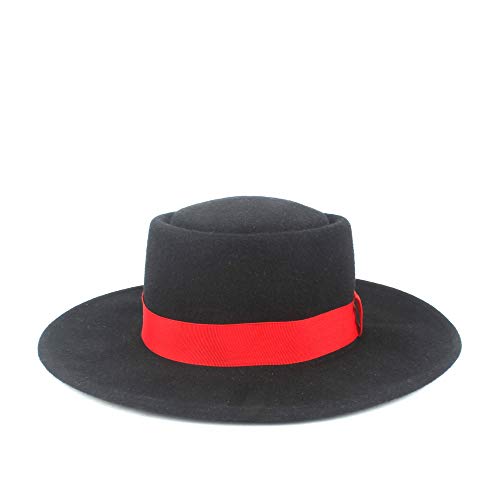 ZHOUYUFAN Moda Mujer Otoño Invierno Hombre Elegante 100% Lana Flat Top Pork Pie Hat Plano Palla Sombrero de Fiesta Raso Negro Negro 56-58