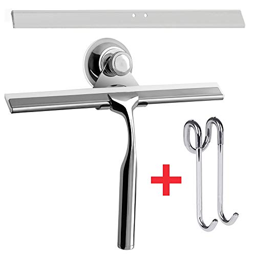 Zindoo Limpiacristales Ducha baño y Ducha Borrador Acero Inoxidable Limpiacristales con Colgador de Pared Baño Borrador +1 Cuchilla de Silicona de Repuesto + 1 Gancho 25x17 cm (LxW)