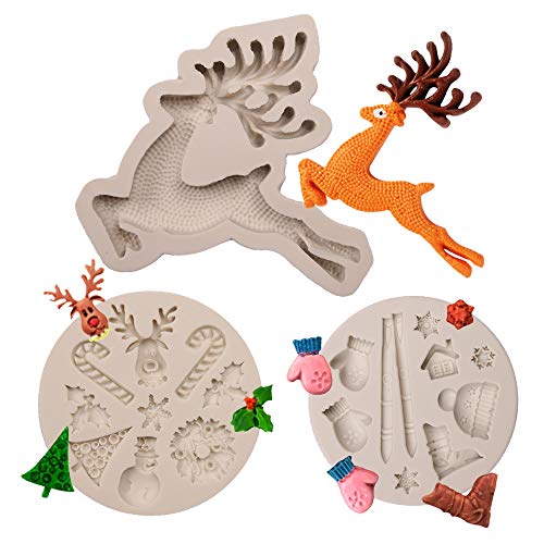 Ziyero 3 Piezas Pastel de Navidad Reno Silicona Molde Papá Noel Moldes de Fondant Decoración Material de Calidad Alimentaria, para DIY Manualidades Azúcar, Galletas, Decoración para Hornear Etc—Gris