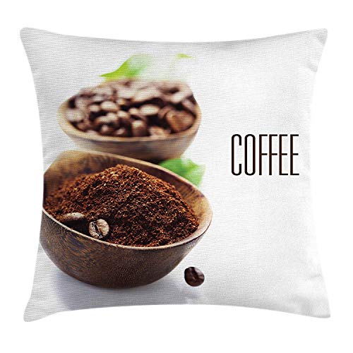 ZMYGH Coffee Throw Pillow Cushion Cover, Ground Coffee in Wooden Bowl Grinding Process Leaf Ingredient Vintage Design, Decorative Square Accent Pillow Case, 18 X 18 Inches, Brown Green White