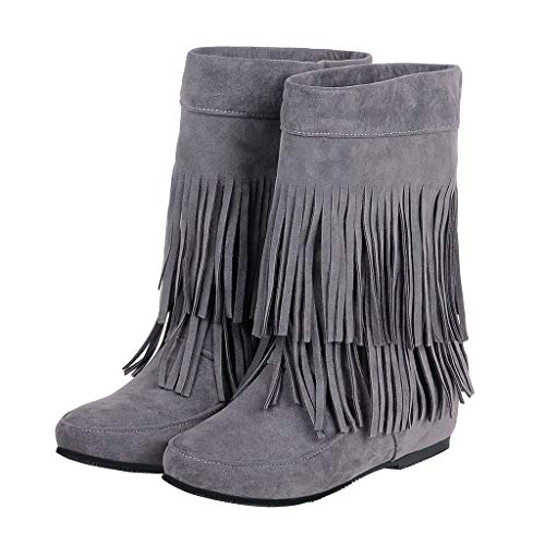 ZODOF Botines cuña para Mujer Otoño Invierno 2019 Moda Botas Militares Planos Zapatos Vestir Talla Grande Señora Calzado Terciopelo Dama Botas de Nieve clásicas Caliente con Fleco(39 EU,Gris)