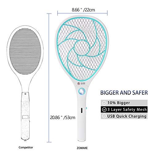 ZOMAKE Raqueta Matamoscas Electrico Matamosquitos, Plagas Insectos Asesino Repelente, Mata Insectos - USB Recargable - 3000 Voltios(Azul)