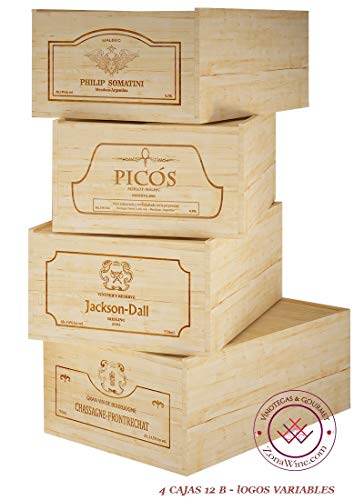 ZonaWine - Lote 4 Cajas de Madera para 12 Botellas de Vino/Logos Variados. Medidas: Alto 19/35/54 cm Fondo.