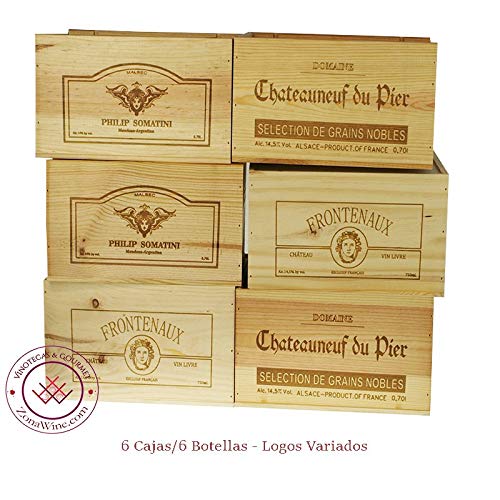 ZonaWine - Lote 6 Cajas de Madera para 6 Botellas de Vino/Logos Variados. Medidas: Alto 19-26-35 cm Fondo.