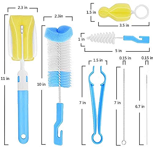 ZONSUSE 7 piezas Cepillo de Biberón,Cepillo de Botella de Esponja,Cepillo de Limpieza,Kit de Limpieza,para Limpieza Taza,Chupete,Tetera, Boquilla de Tetera,Cafetera,Paja（azul）