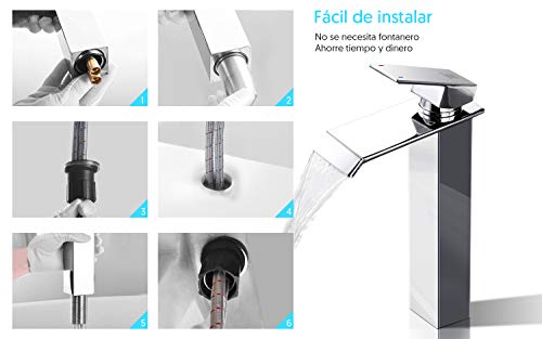 ZREE Grifo Lavabo Cascada Alto Grifo de Baño Acero Inoxidable con Control de Agua Fría y Caliente, Cuadrado Monomando Mezclador para Cocina Acabado Cromado, Bajo Nivel de Ruido Grifo Clasicos