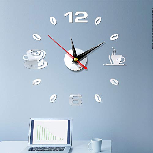 ZSooner - Reloj de pared de acrílico 3D, diseño de taza de café DIY pegatinas 3D reloj silencioso para el hogar/oficina/restaurante – 43 x 43 cm, No nulo, Plateado espejo., Tamaño libre