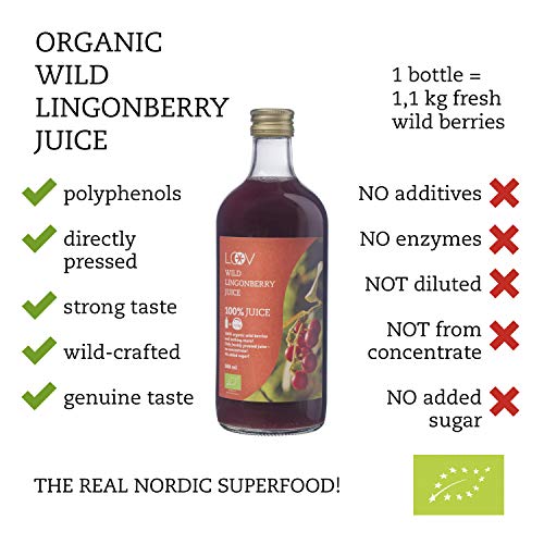 Zumo Orgánico de Arándanos Rojos Silvestres, 500 ml, Extraído 100% Directamente de Bayas Exprimidas, Zumos Sin Azucar Añadida, Sin Agua Añadida, Seleccionadas Directamente de Los Bosques