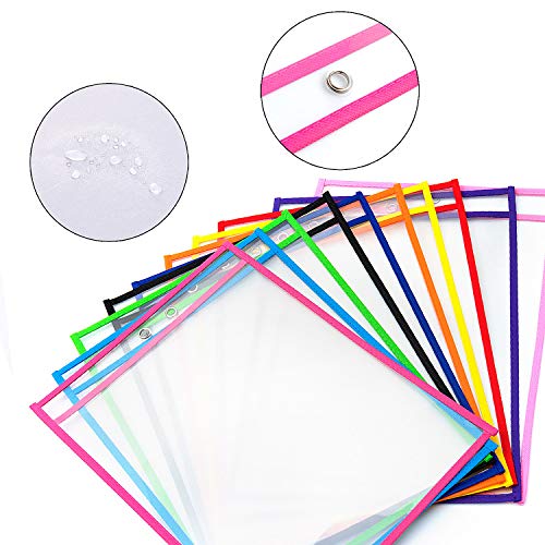 ZWOOS 10 Piezas Resuable Dry Erase Pockets Papelería Suministros, Oficina, para la Organización en el Aula y Colegio, Guardería, Ludoteca (Colores Surtidos), 35.5×25.5 cm