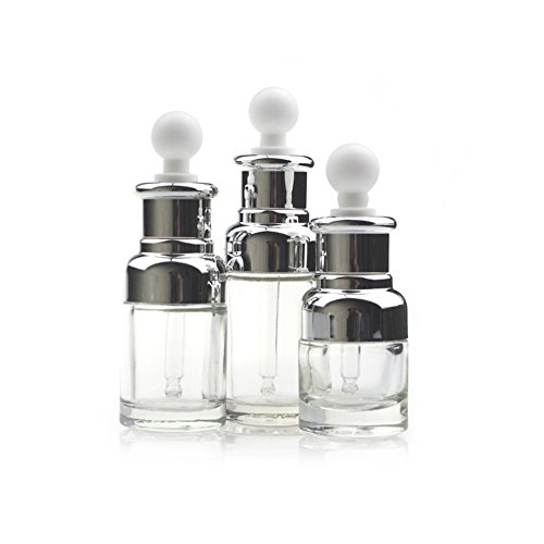 1 frasco vacío de 30 ml/50 ml, de vidrio transparente, recargable y con cuentagotas para aceites esenciales, cosméticos, frasco de cristal (50 ml, plateado).