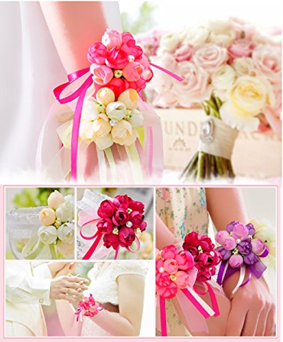 10 pcs Pulsera del Flor Muñeca,AZXES, la Flor de la Muñeca de la Novia y Damas de Honor de Perlas Suministros de Boda a Mano (Color del Champan)