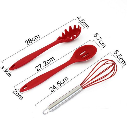 10 uds Utensilios de cocina de silicona, Contiene 2 x Espátula Cuchara de cocina Cucharón Tornero Cuchara de Espagueti Cuchara para servir Batidora Pinzas de cocina Pinceles de repostería (rojo)