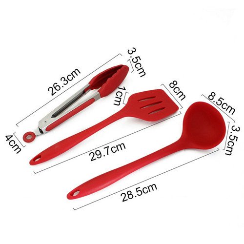 10 uds Utensilios de cocina de silicona, Contiene 2 x Espátula Cuchara de cocina Cucharón Tornero Cuchara de Espagueti Cuchara para servir Batidora Pinzas de cocina Pinceles de repostería (rojo)