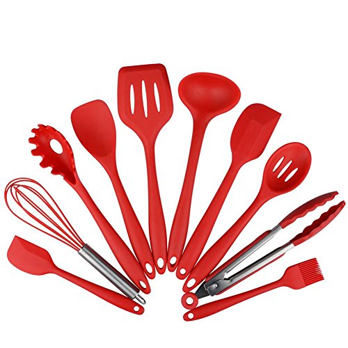 10 uds Utensilios de cocina de silicona, Contiene 2 x Espátula Cuchara de cocina Cucharón Tornero Cuchara de Espagueti Cuchara para servir Batidora Pinzas de cocina Pinceles de repostería (rojo)