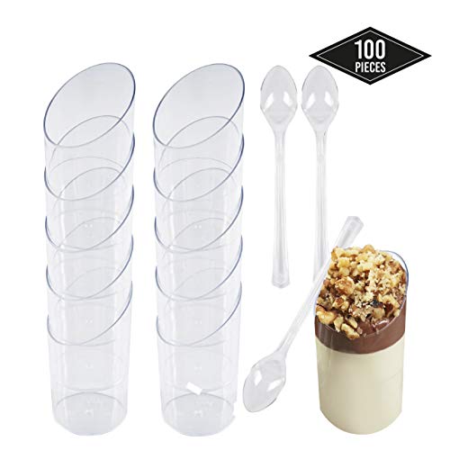 100 Copas de Postre de Plástico Desechables, Tazas de Postre con 100 Cucharas, Transparente 70ml| Resistente y Reutilizable| Vasos Cuencos para Postres Mousse Aperitivos Fiesta Cumpleaños Bodas.