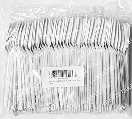 100 cucharas desechables de 15 cm biodegradables fabricadas a base de almidón de maíz sin petróleo, sin plástico, para cócteles, aperitivos. Ideal para postres, tartas, ensaladas, helados.