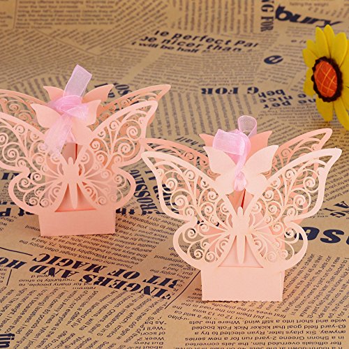 100 pcs Cajas Cajitas Papel de Caramelo Dulces Bombones Regalos Recuerdos Detalles de Boda Fiesta Bautizo Cumpleaños Graduación para Invitados Mariposa con Cintas (Rosa)