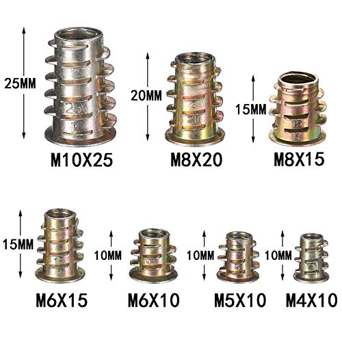 100 Piezas de Tornillo de Socket Hexagonal de Mueble de Aleación Zinc M4/ M5/ M6/ M8/ M10 Insertos de Rosca Kit de Herramienta de Surtido de Tuercas para Mueble de Madera (7 Tamaños)