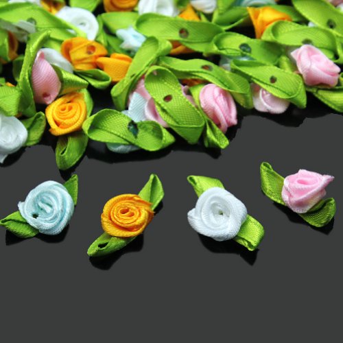 100 x Nueva Mini Flor Rosa Satén Cinta Costura Multicolor con Hoja Verde DIY