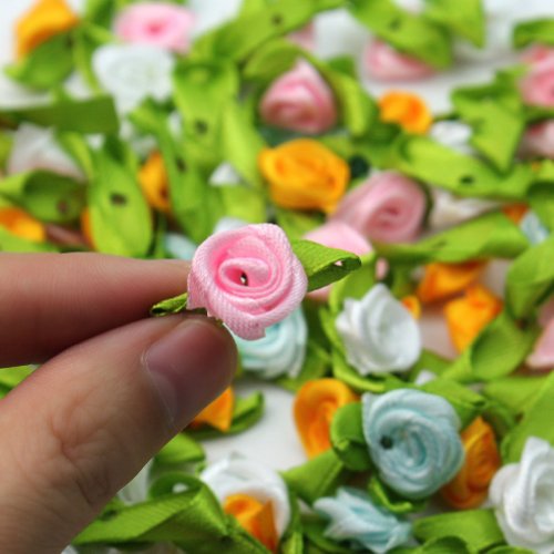 100 x Nueva Mini Flor Rosa Satén Cinta Costura Multicolor con Hoja Verde DIY