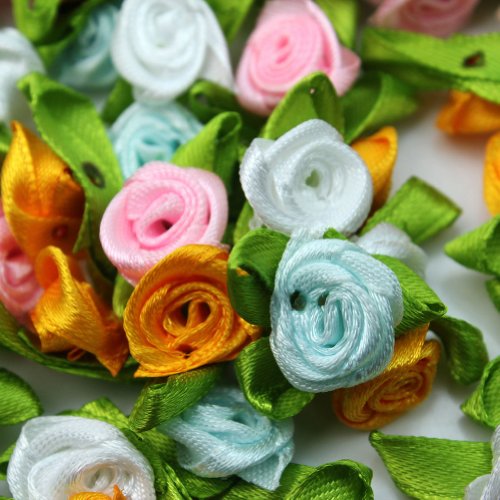 100 x Nueva Mini Flor Rosa Satén Cinta Costura Multicolor con Hoja Verde DIY