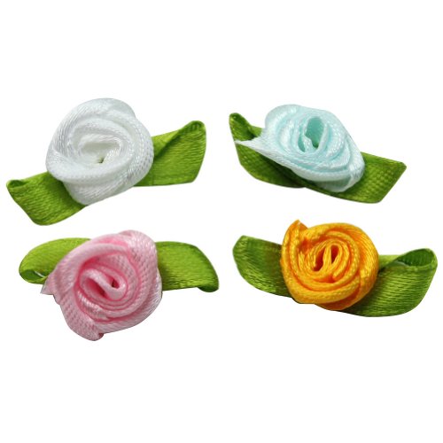 100 x Nueva Mini Flor Rosa Satén Cinta Costura Multicolor con Hoja Verde DIY