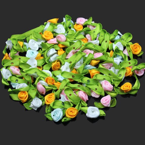 100 x Nueva Mini Flor Rosa Satén Cinta Costura Multicolor con Hoja Verde DIY