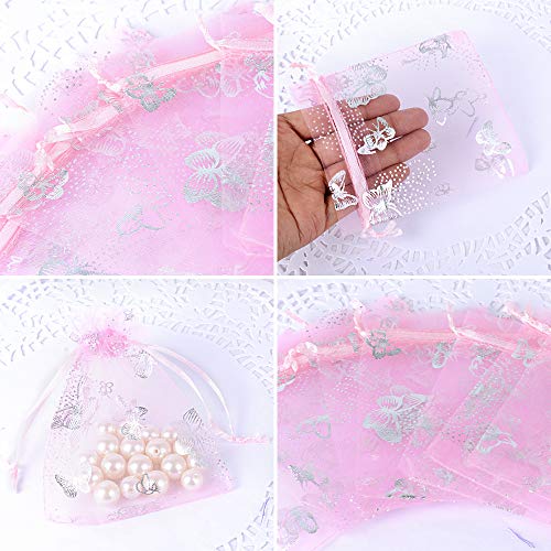 100pcs Bolsas Bolsitas Organza Mariposas 9x12 cm Saquitos Arroz Regalo Joyas Caramelo Dulces Recuerdo Favores Detalles para Boda Fiesta Navidad Bautizo con Cintas (Rosa)