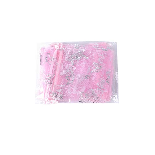 100pcs Bolsas Bolsitas Organza Mariposas 9x12 cm Saquitos Arroz Regalo Joyas Caramelo Dulces Recuerdo Favores Detalles para Boda Fiesta Navidad Bautizo con Cintas (Rosa)