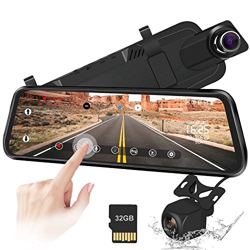 10"Mirror Dash CAM Pantalla táctil Cámara de Respaldo 170 ° 1080P Delantera y 150 ° 1080P Cámara de visión Trasera Doble Lente Visión Nocturna Monitor de estacionamiento + Tarjeta SD de 32 GB