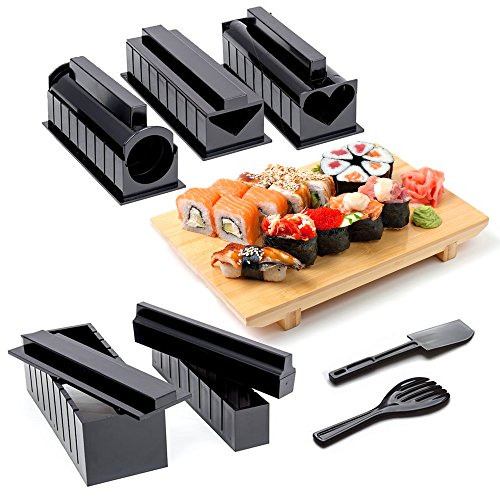 11-Piezas Kit Completo para Hacer Sushi con Sushi Maker, 5 Moldes, Tenedor y Espátula para Arroz, Cuchillo - 100% Sin BPA, Fácil de Limpiar y Usar, Apto para Lavavajillas| Instrucciones Incluidas.