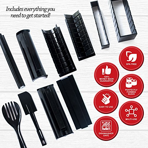 11-Piezas Kit Completo para Hacer Sushi con Sushi Maker, 5 Moldes, Tenedor y Espátula para Arroz, Cuchillo - 100% Sin BPA, Fácil de Limpiar y Usar, Apto para Lavavajillas| Instrucciones Incluidas.