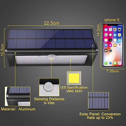 1100lm luces exteriores solares 4500mAh aluminio 120 ° sensor de movimiento infrarrojo impermeable IP65 luz de seguridad inalámbrica con 4 modos para jardín, patio, garaje, puerta, pared-luz blanca