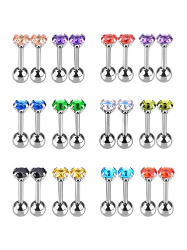 12 Pares 18 Guage Piercing de Zirconia Cúbica de Acero Inoxidable Pendiente de Hélice, 12 Colores